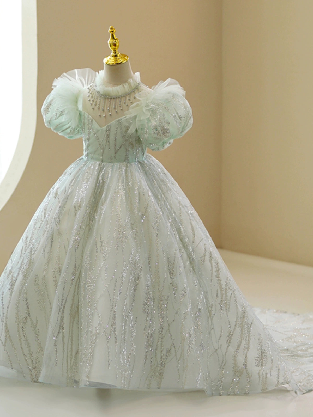 Princess Green Organza Crossed Straps Baptism Beaded Floor Length Short Sleeve Puff Sleeve Jewel Neck Flower Girl Dress