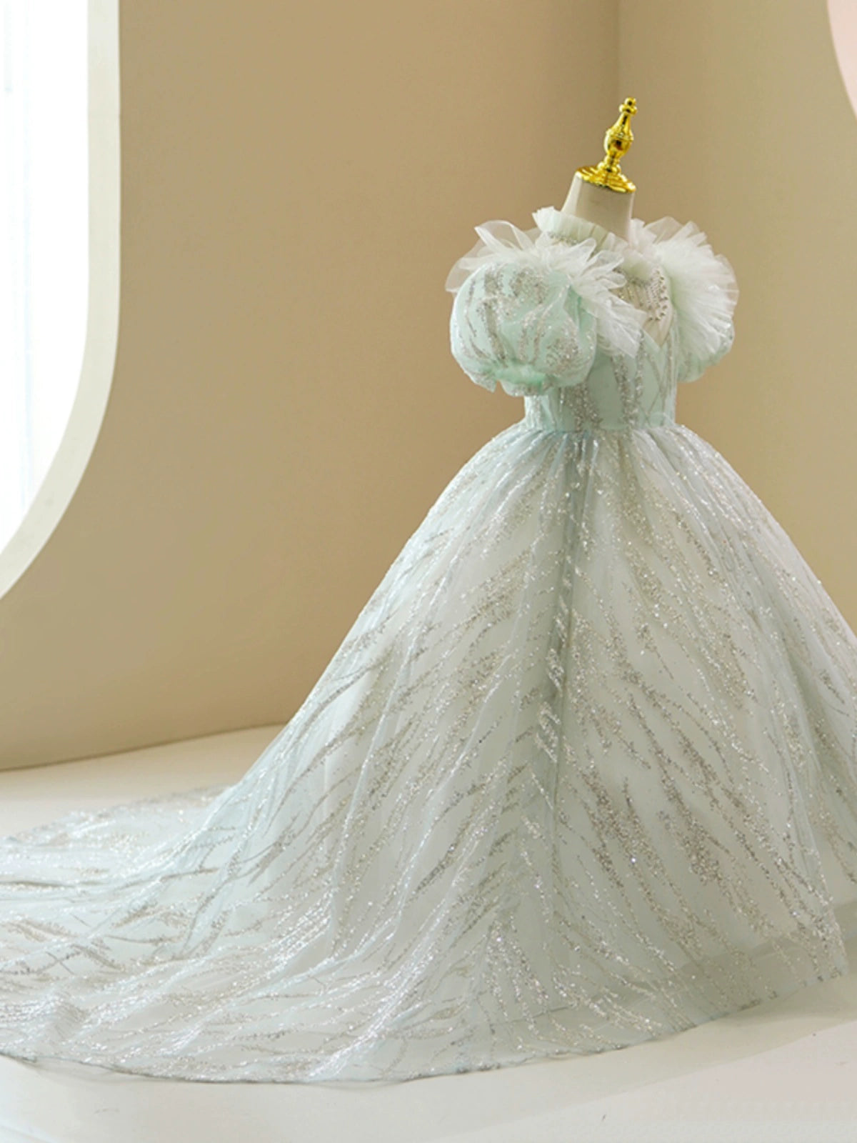 Princess Green Organza Crossed Straps Baptism Beaded Floor Length Short Sleeve Puff Sleeve Jewel Neck Flower Girl Dress