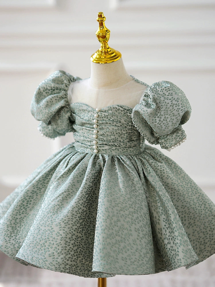 Princess Green Satin Back Zip Baptism Pleated Tea Length Short Sleeve Puff Sleeve Sweetheart Flower Girl Dress