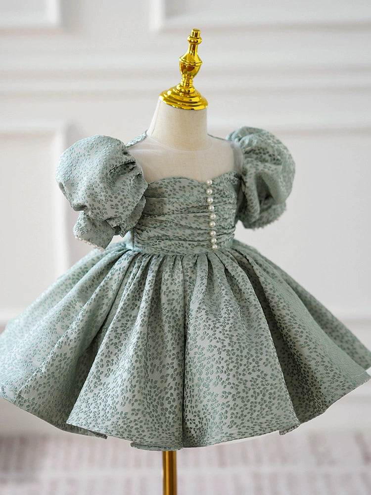 Princess Green Satin Back Zip Baptism Pleated Tea Length Short Sleeve Puff Sleeve Sweetheart Flower Girl Dress