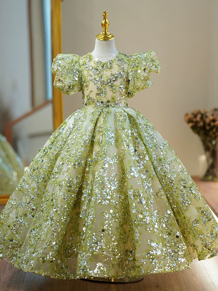 Princess Green Sequined Back Zip Baptism Sequin Floor Length Short Sleeve Puff Sleeve Round Flower Girl Dress