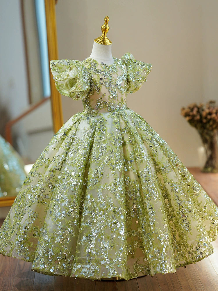 Princess Green Sequined Back Zip Baptism Sequin Floor Length Short Sleeve Puff Sleeve Round Flower Girl Dress