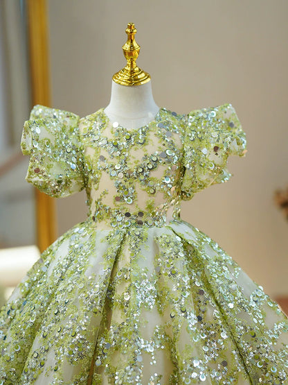 Princess Green Sequined Back Zip Baptism Sequin Floor Length Short Sleeve Puff Sleeve Round Flower Girl Dress