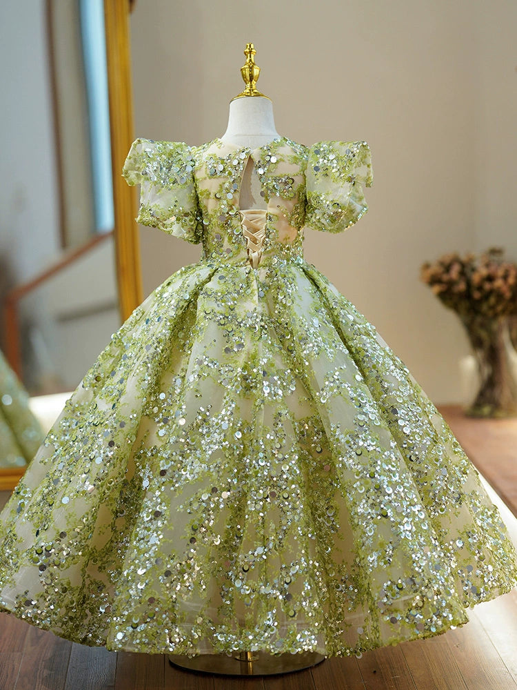 Princess Green Sequined Back Zip Baptism Sequin Floor Length Short Sleeve Puff Sleeve Round Flower Girl Dress