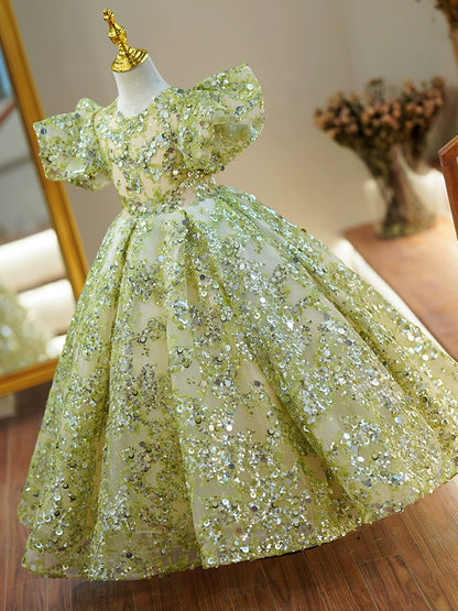 Princess Green Sequined Back Zip Baptism Sequin Floor Length Short Sleeve Puff Sleeve Round Flower Girl Dress