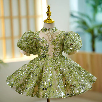 Princess Green Sequined Back Zip Baptism Sequin Tea Length Short Sleeve Lantern Sleeve Mock Neck Flower Girl Dress