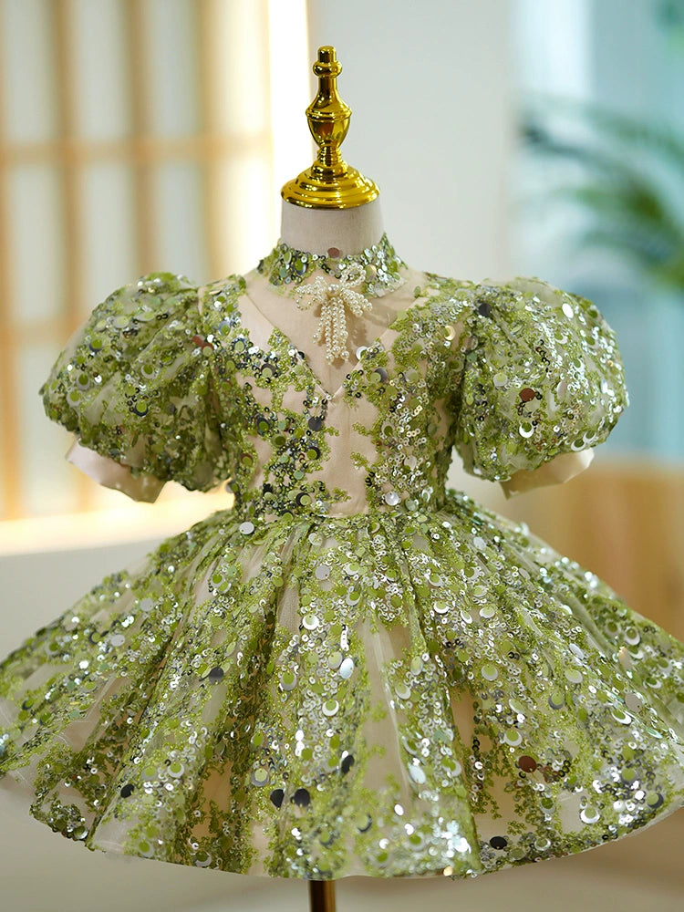 Princess Green Sequined Back Zip Baptism Sequin Tea Length Short Sleeve Lantern Sleeve Mock Neck Flower Girl Dress