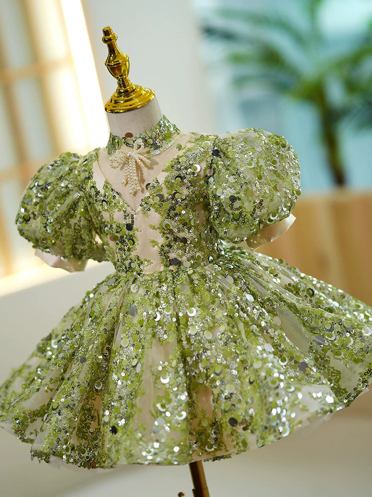 Princess Green Sequined Back Zip Baptism Sequin Tea Length Short Sleeve Lantern Sleeve Mock Neck Flower Girl Dress