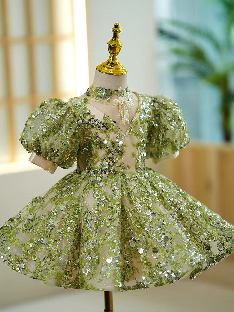 Princess Green Sequined Back Zip Baptism Sequin Tea Length Short Sleeve Lantern Sleeve Mock Neck Flower Girl Dress