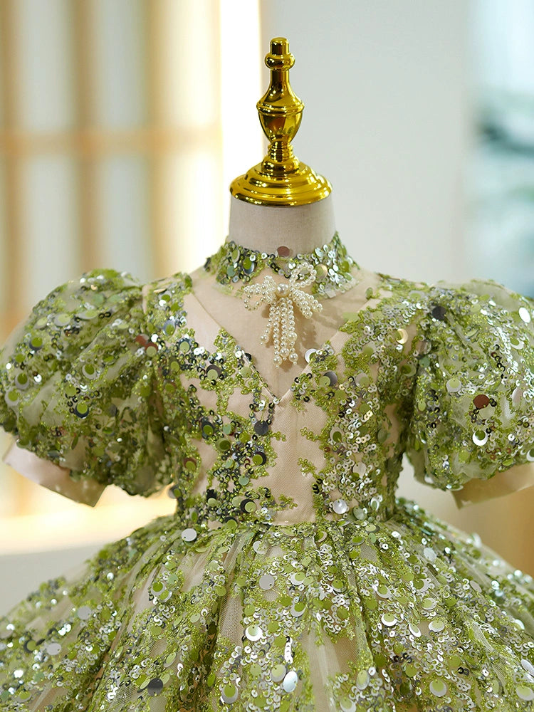 Princess Green Sequined Back Zip Baptism Sequin Tea Length Short Sleeve Lantern Sleeve Mock Neck Flower Girl Dress