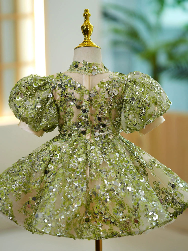 Princess Green Sequined Back Zip Baptism Sequin Tea Length Short Sleeve Lantern Sleeve Mock Neck Flower Girl Dress