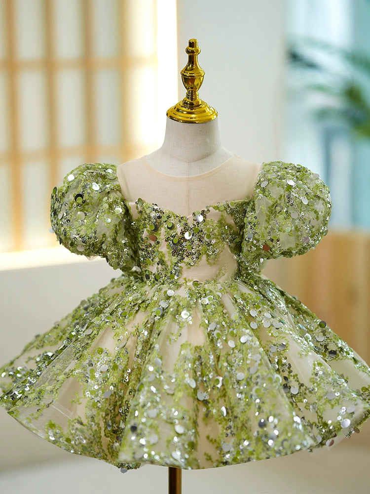 Princess Green Sequined Back Zip Baptism Sequins Tea Length Short Sleeve Puff Sleeve Sweetheart Flower Girl Dress