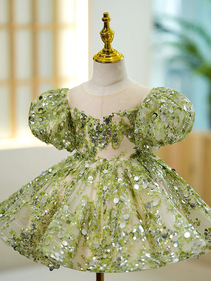 Princess Green Sequined Back Zip Baptism Sequins Tea Length Short Sleeve Puff Sleeve Sweetheart Flower Girl Dress