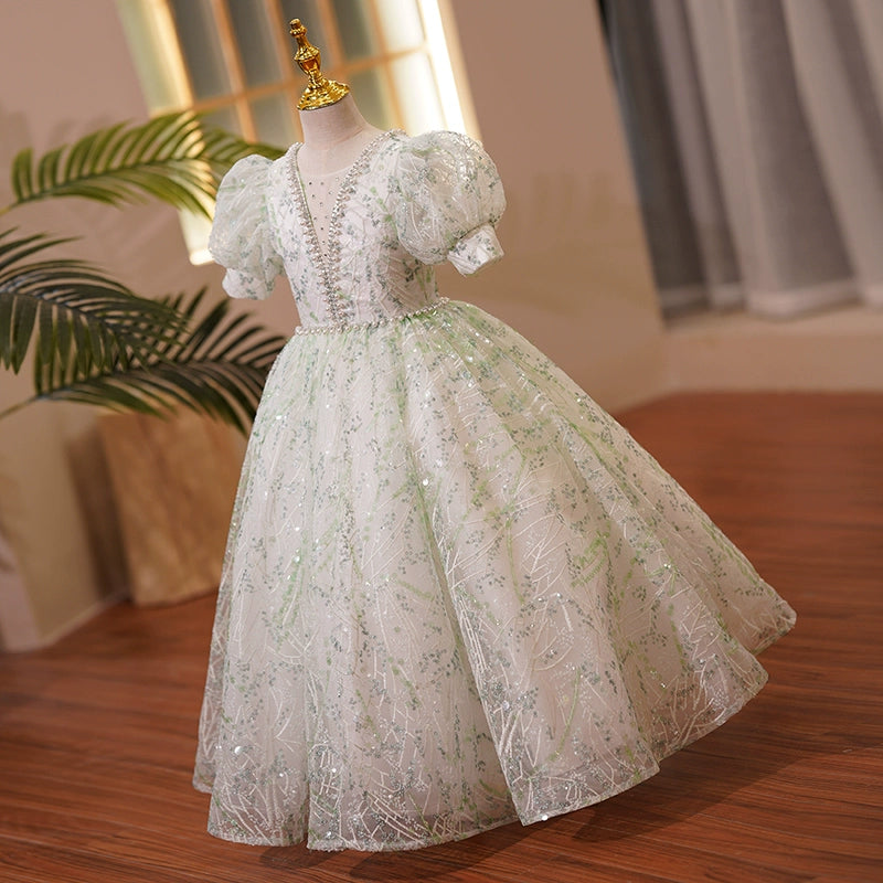 Princess Green Sequined Crossed Straps Baptism Beaded Floor Length Short Sleeve Puff Sleeve V-Neck Flower Girl Dress