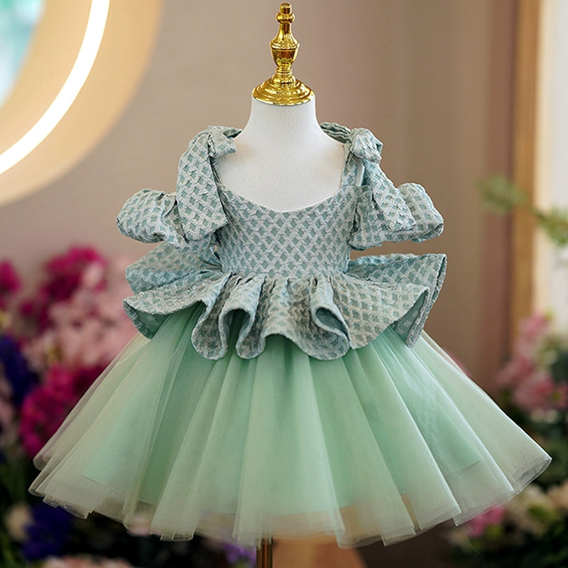 Princess Green Tulle Back Zip Baptism Ruffle Tea Length Cold Shoulder Sleeve Square Flower Girl Dress