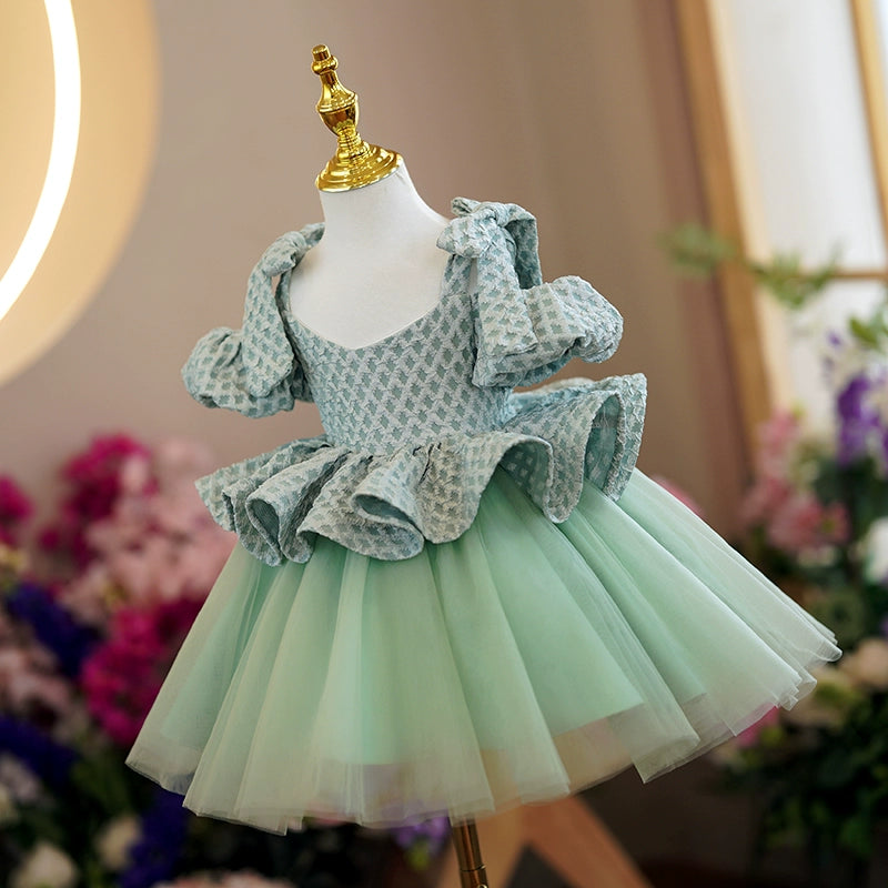 Princess Green Tulle Back Zip Baptism Ruffle Tea Length Cold Shoulder Sleeve Square Flower Girl Dress