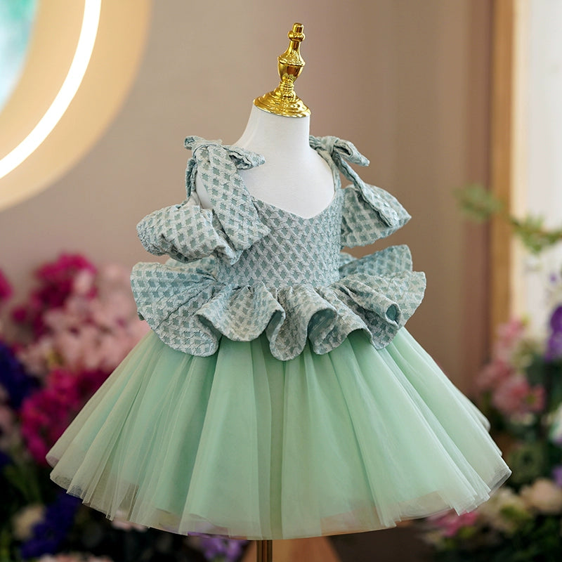 Princess Green Tulle Back Zip Baptism Ruffle Tea Length Cold Shoulder Sleeve Square Flower Girl Dress