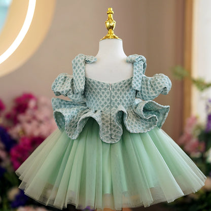 Princess Green Tulle Back Zip Baptism Ruffle Tea Length Cold Shoulder Sleeve Square Flower Girl Dress