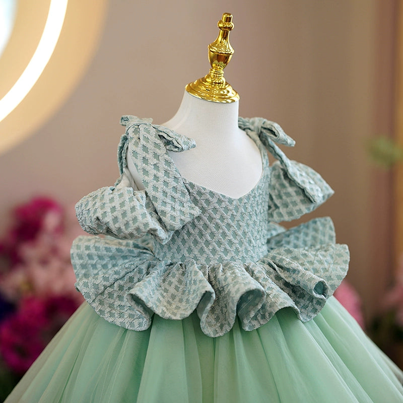 Princess Green Tulle Back Zip Baptism Ruffle Tea Length Cold Shoulder Sleeve Square Flower Girl Dress