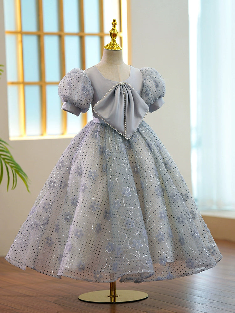 Princess Grey Sequined Back Zip Baptism Floor Length Short Sleeve Puff Sleeve V-Neck Flower Girl Dress