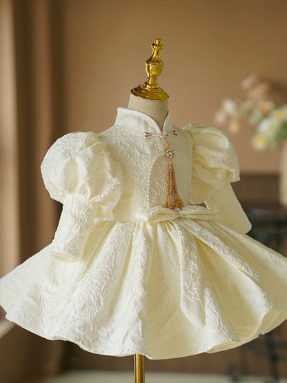 Princess Ivory Satin Back Zip Baptism Beaded Tea Length Long Sleeve Puff Sleeve Mock Neck Flower Girl Dress