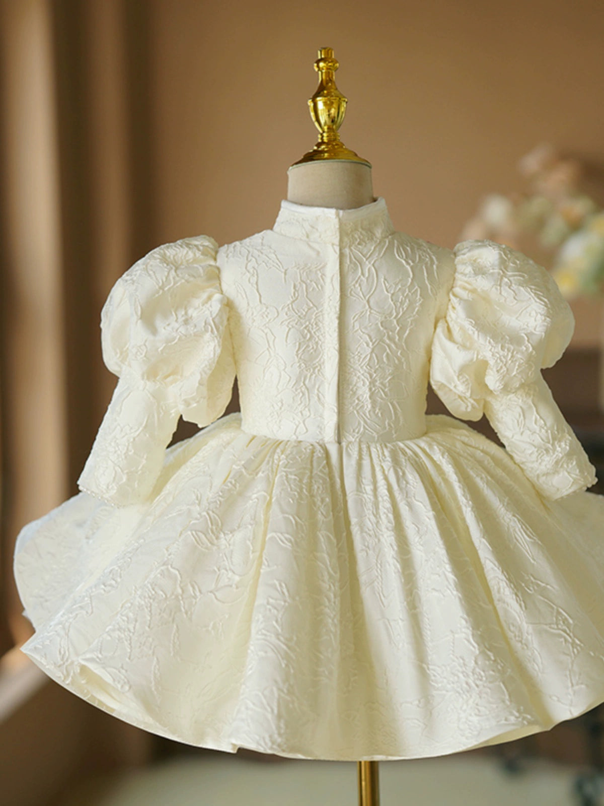 Princess Ivory Satin Back Zip Baptism Beaded Tea Length Long Sleeve Puff Sleeve Mock Neck Flower Girl Dress