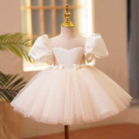 Princess Ivory Satin Back Zip Baptism Sequin Tea Length Short Sleeve Puff Sleeve Sweetheart Flower Girl Dress