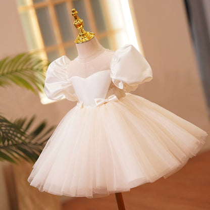 Princess Ivory Satin Back Zip Baptism Sequin Tea Length Short Sleeve Puff Sleeve Sweetheart Flower Girl Dress