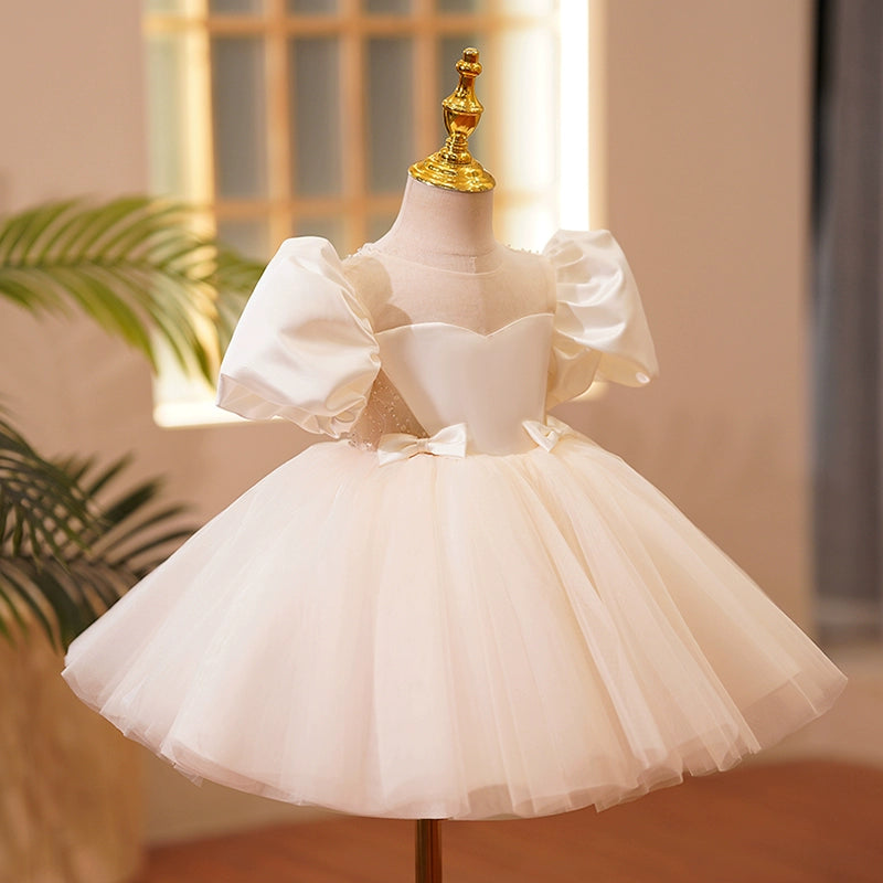 Princess Ivory Satin Back Zip Baptism Sequin Tea Length Short Sleeve Puff Sleeve Sweetheart Flower Girl Dress