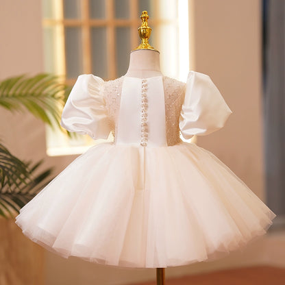 Princess Ivory Satin Back Zip Baptism Sequin Tea Length Short Sleeve Puff Sleeve Sweetheart Flower Girl Dress