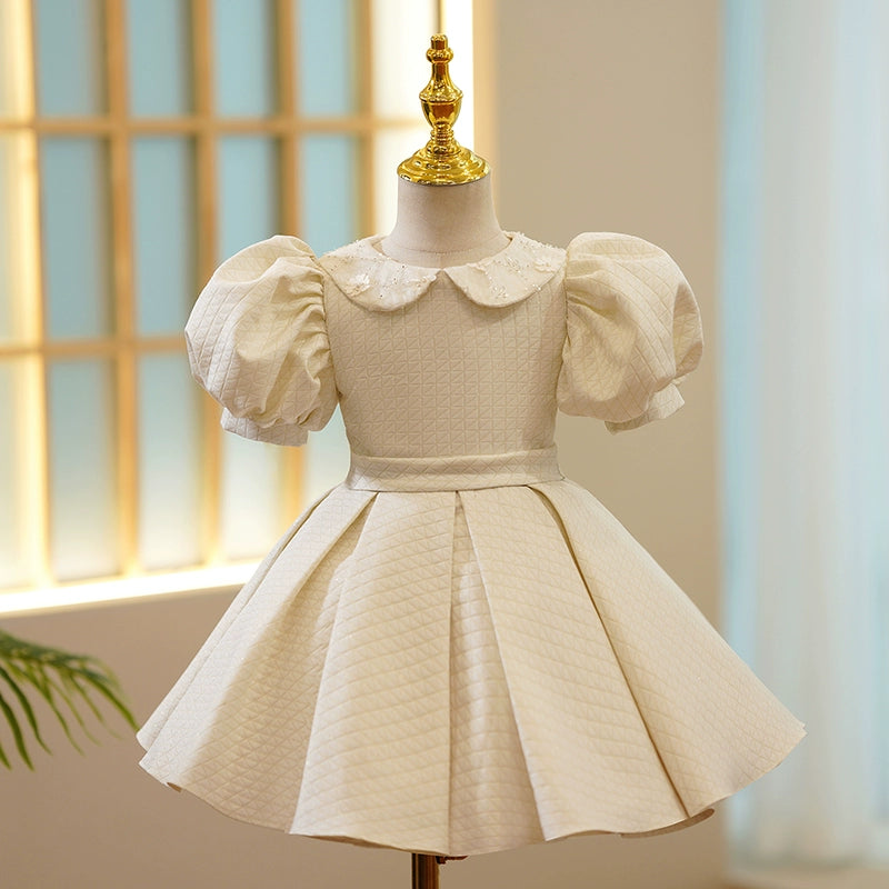 Princess Ivory Satin Back Zip Baptism Sequins Tea Length Short Sleeve Puff Sleeve Collared Neck Flower Girl Dress