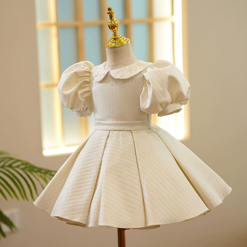 Princess Ivory Satin Back Zip Baptism Sequins Tea Length Short Sleeve Puff Sleeve Collared Neck Flower Girl Dress