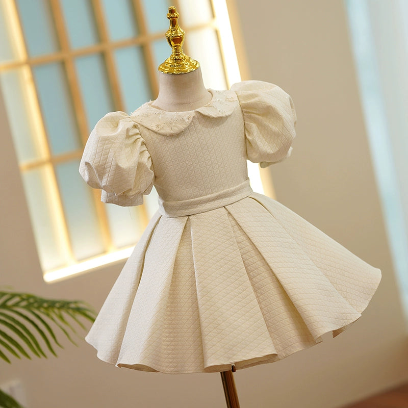 Princess Ivory Satin Back Zip Baptism Sequins Tea Length Short Sleeve Puff Sleeve Collared Neck Flower Girl Dress