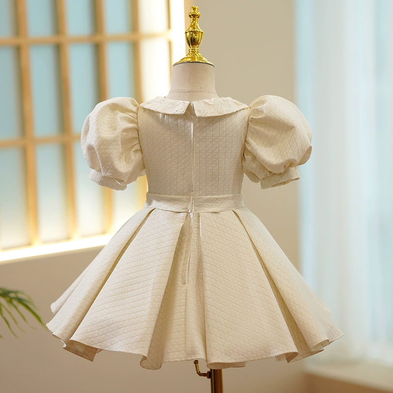 Princess Ivory Satin Back Zip Baptism Sequins Tea Length Short Sleeve Puff Sleeve Collared Neck Flower Girl Dress