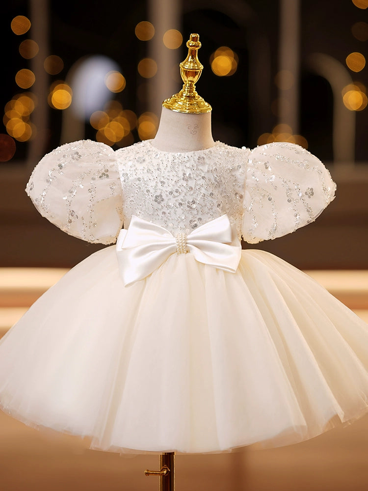 Princess Ivory Tulle Back Zip Baptism Bowknot Tea Length Short Sleeve Puff Sleeve Round Flower Girl Dress