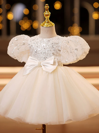 Princess Ivory Tulle Back Zip Baptism Bowknot Tea Length Short Sleeve Puff Sleeve Round Flower Girl Dress