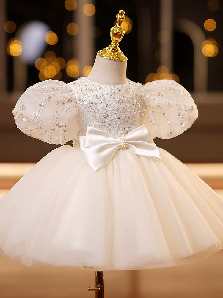 Princess Ivory Tulle Back Zip Baptism Bowknot Tea Length Short Sleeve Puff Sleeve Round Flower Girl Dress