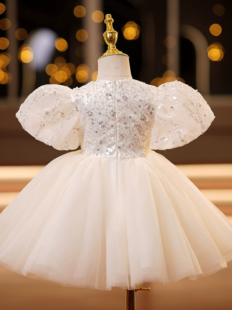 Princess Ivory Tulle Back Zip Baptism Bowknot Tea Length Short Sleeve Puff Sleeve Round Flower Girl Dress