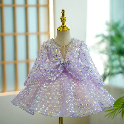 Princess Lilac Sequined Back Zip Baptism Beaded Tea Length Long Sleeve Scoop Flower Girl Dress