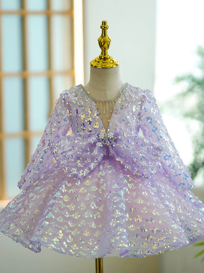 Princess Lilac Sequined Back Zip Baptism Beaded Tea Length Long Sleeve Scoop Flower Girl Dress