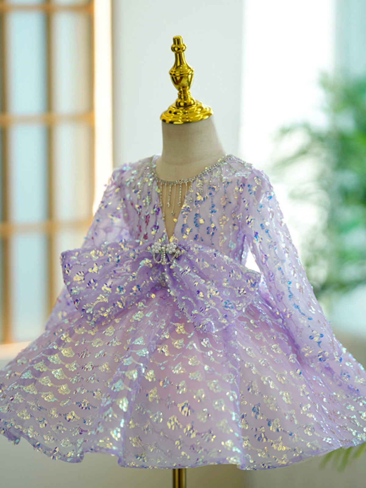 Princess Lilac Sequined Back Zip Baptism Beaded Tea Length Long Sleeve Scoop Flower Girl Dress