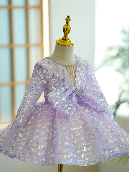 Princess Lilac Sequined Back Zip Baptism Beaded Tea Length Long Sleeve Scoop Flower Girl Dress