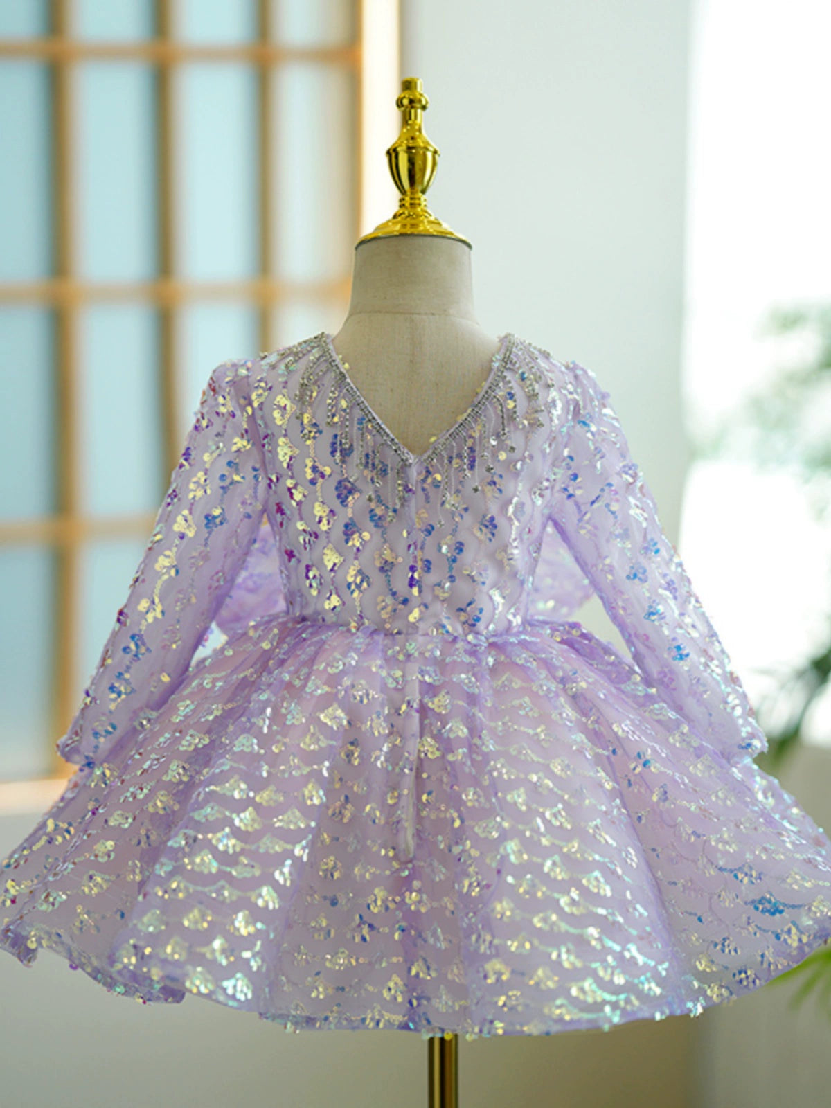 Princess Lilac Sequined Back Zip Baptism Beaded Tea Length Long Sleeve Scoop Flower Girl Dress