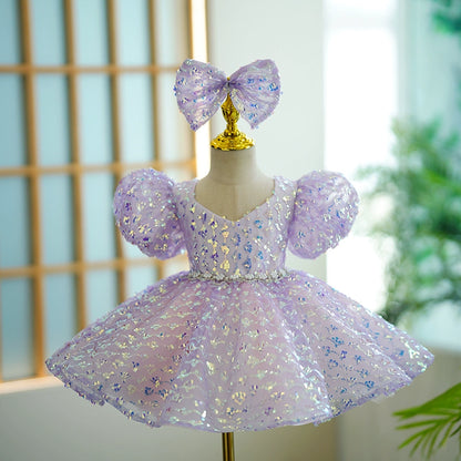 Princess Lilac Sequined Back Zip Baptism Bow(s) Tea Length Short Sleeve Puff Sleeve V-Neck Flower Girl Dress