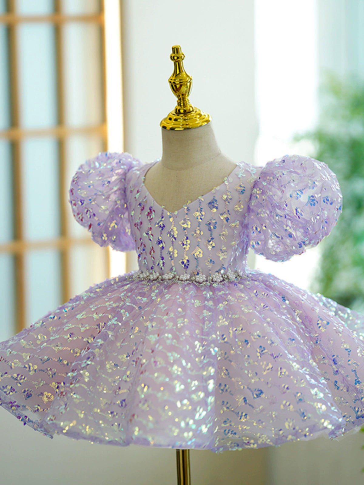 Princess Lilac Sequined Back Zip Baptism Bow(s) Tea Length Short Sleeve Puff Sleeve V-Neck Flower Girl Dress