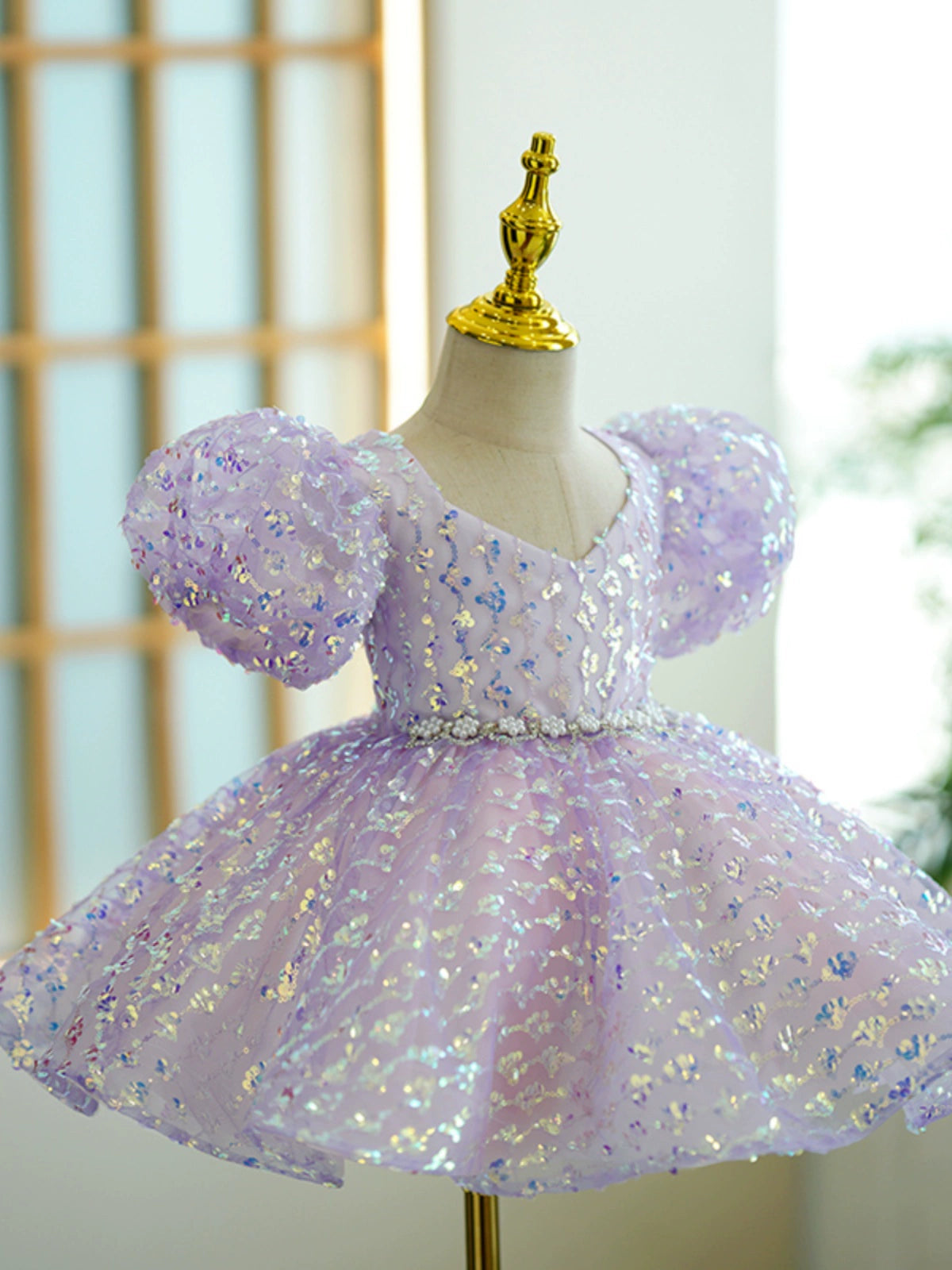 Princess Lilac Sequined Back Zip Baptism Bow(s) Tea Length Short Sleeve Puff Sleeve V-Neck Flower Girl Dress