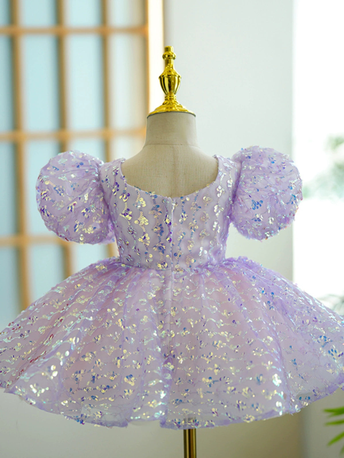 Princess Lilac Sequined Back Zip Baptism Bow(s) Tea Length Short Sleeve Puff Sleeve V-Neck Flower Girl Dress