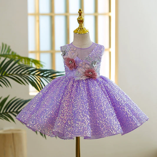 Princess Lilac Sequined Back Zip Baptism Flower(s) Tea Length Sleeveless Round Flower Girl Dress