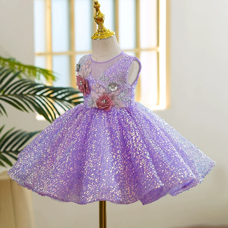 Princess Lilac Sequined Back Zip Baptism Flower(s) Tea Length Sleeveless Round Flower Girl Dress