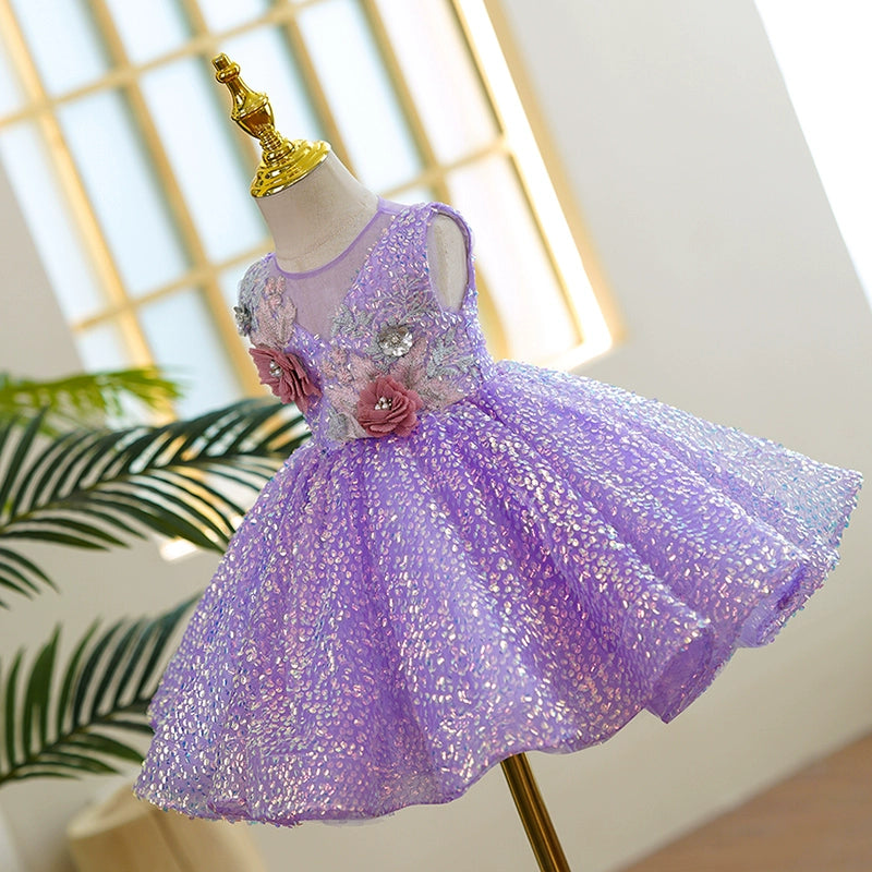 Princess Lilac Sequined Back Zip Baptism Flower(s) Tea Length Sleeveless Round Flower Girl Dress